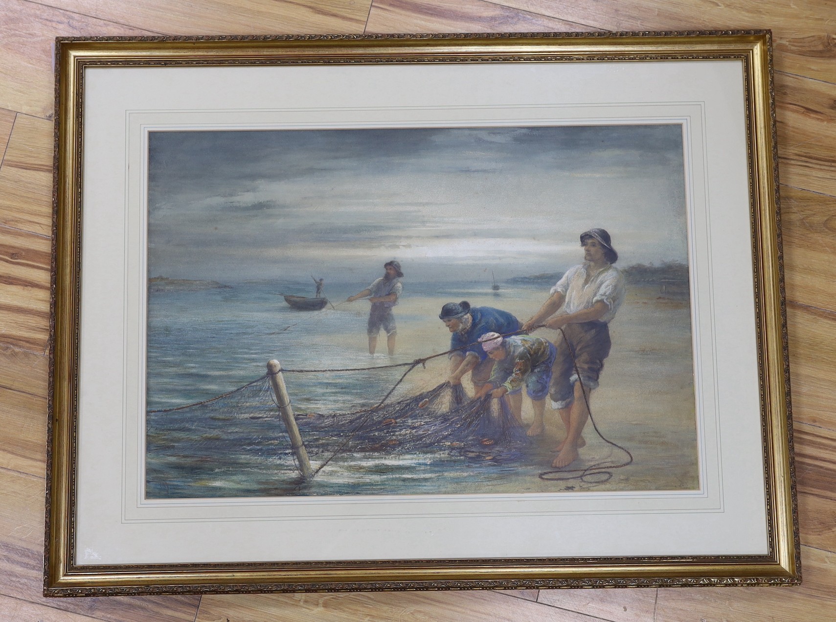 English School, c.1900, watercolour, Fishermen hauling nets, indistinctly signed, 50 x 72 cm.
